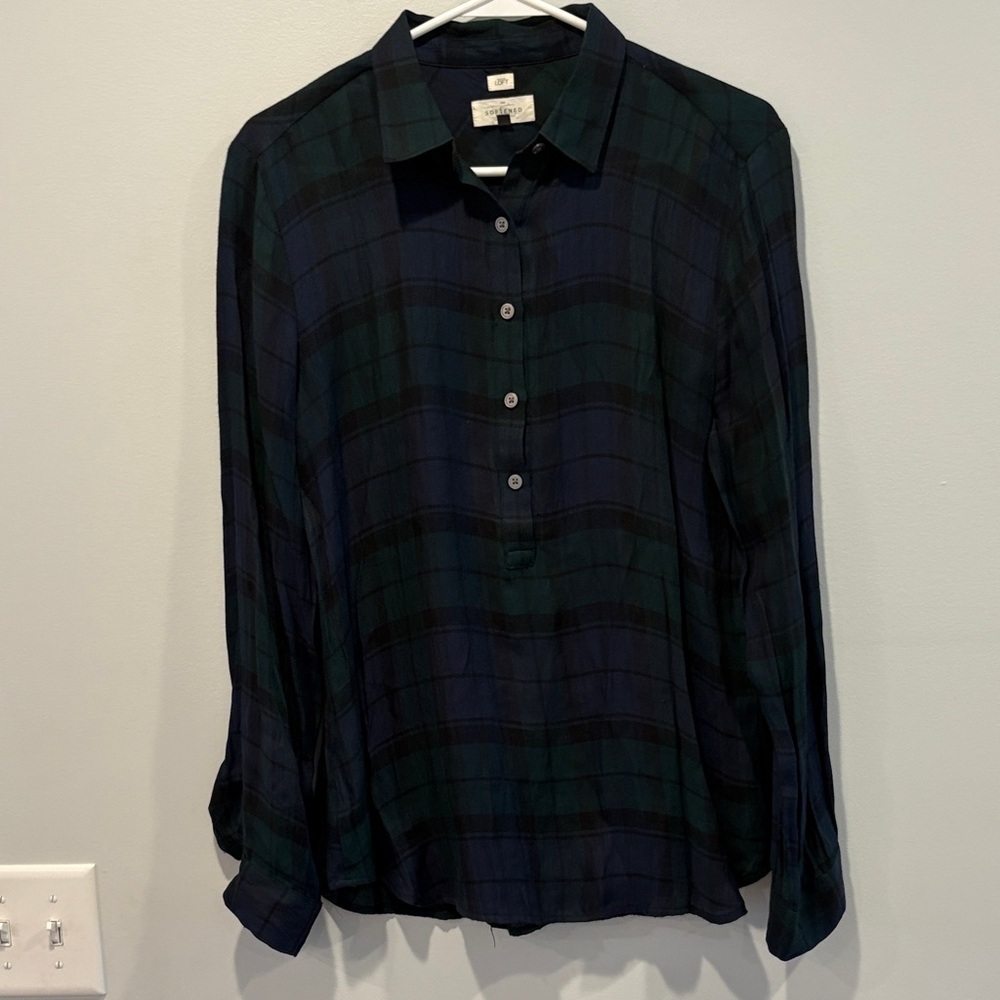 LOFT Plaid Button Down Shirt - Navy and Green